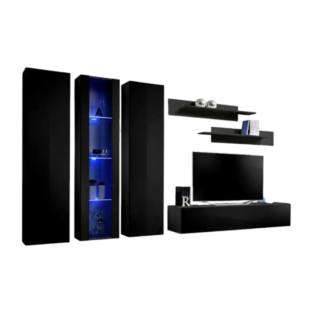 Mobile TV FLY C4 design, colore nero lucido. Mobile sospeso moderno e alla moda per il tuo soggiorno.