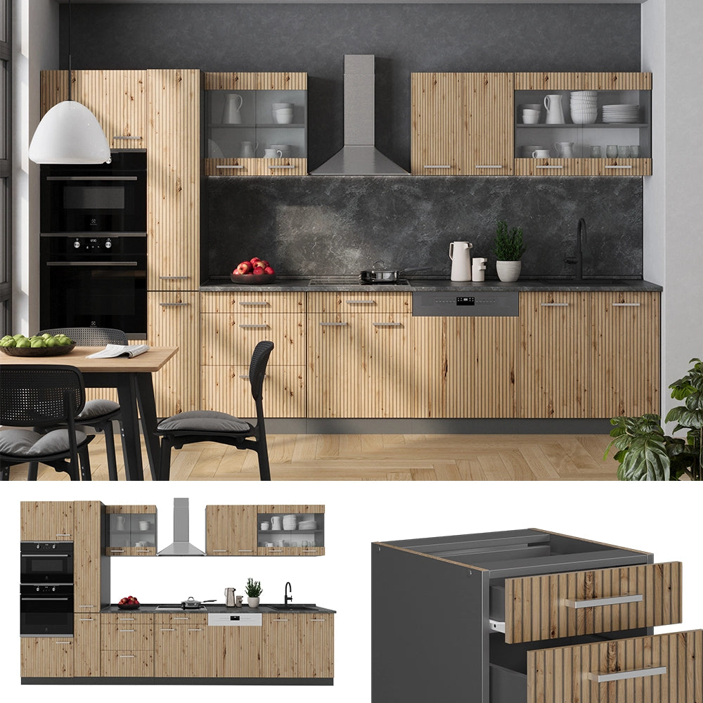 Vicco Cucina  Rovere artigianale/antracite 350 cm con armadio alto, PL Antracite
