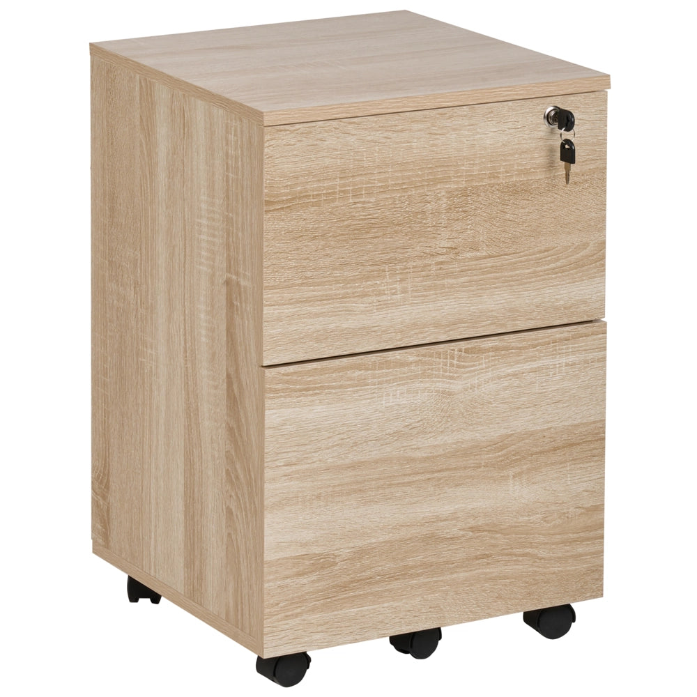 Armadietto in legno massiccio con 2 cassetti e ruote con serratura a chiave legno chiaro design moderno