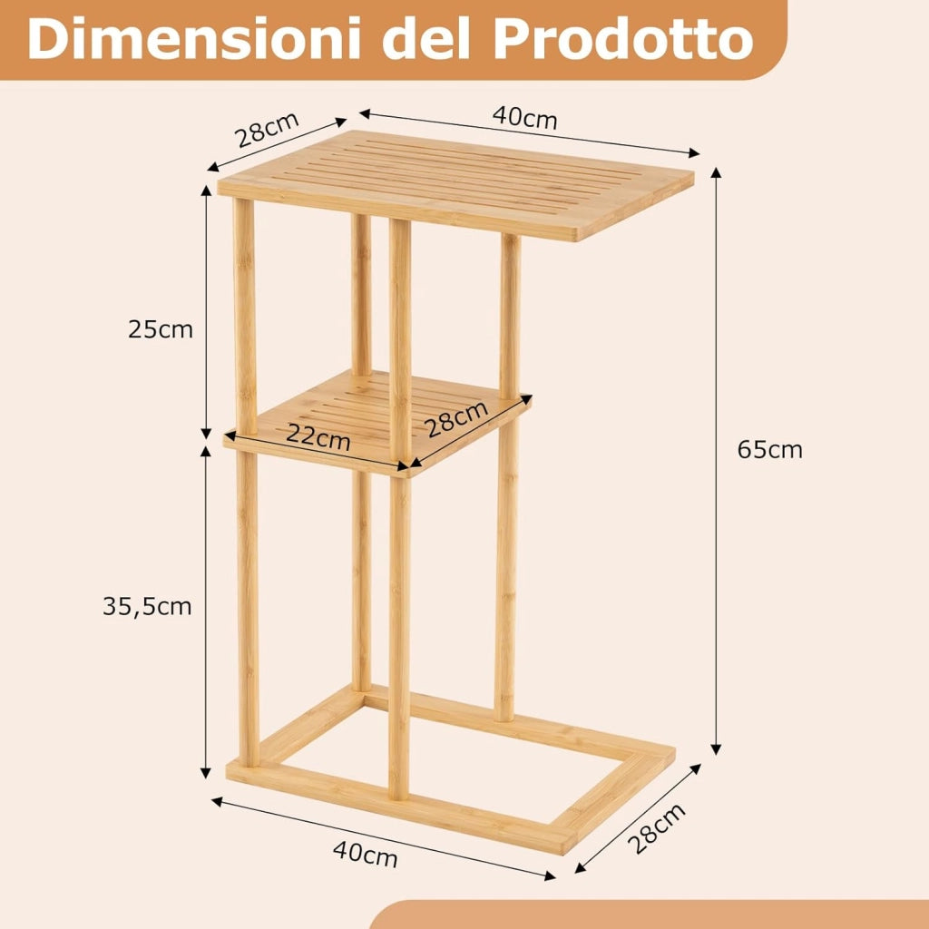 Set di 2 Tavolini Laterali, Tavolino Rettangolare con Ripiani Portaoggetti e Struttura in Bambù, Tavolo Basso da Divano e Letto per Salotto e Camera da Letto
