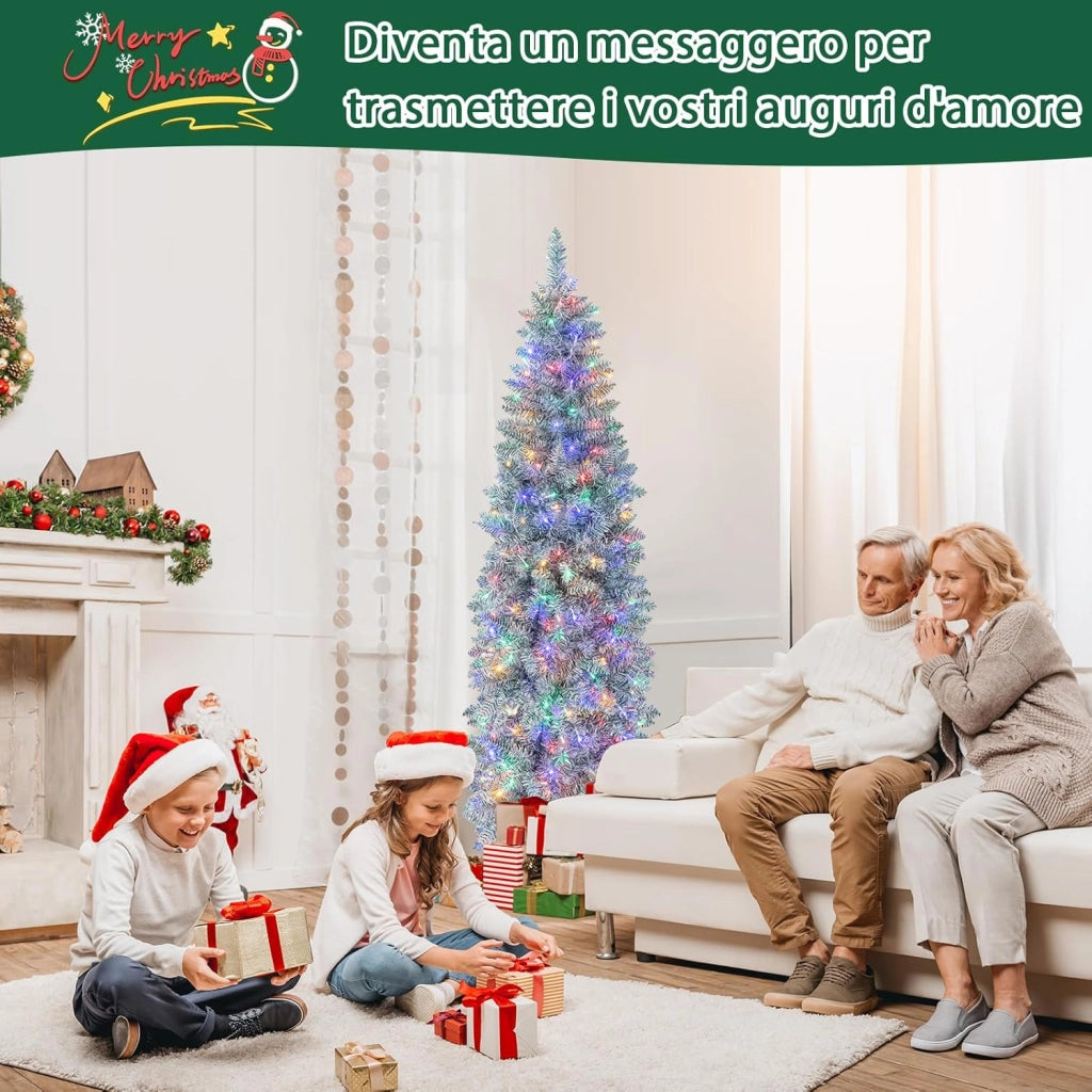 Albero di Natale Slim 150/180 cm, Albero con 190/250 Luci LED Colorate, Base in Metallo Pieghevole, Per Casa e Ufficio (180 cm)
