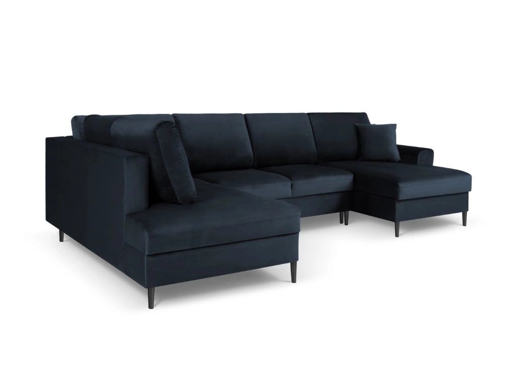 Cosmopolitan Design - Divano panoramico convertibile sinistro con contenitore "Kyoto" 7 posti in velluto blu scuro 