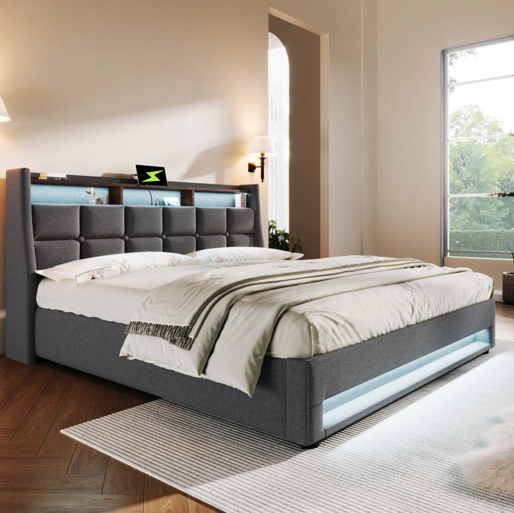 Letto matrimoniale 160x200 cm imbottito con LED e USB; in lino grigio; con contenitore