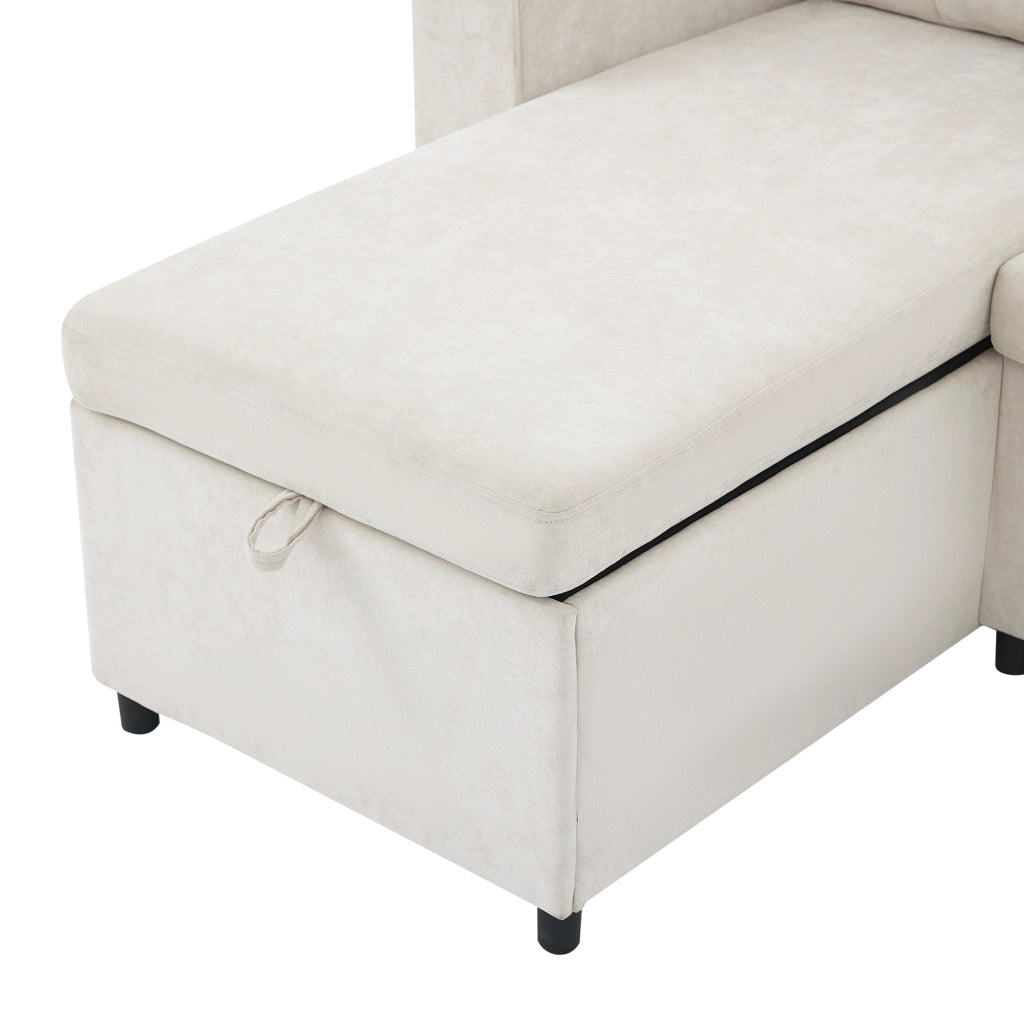 Divano ad angolo con contenitore e chaise longue reversibile in chenille beige per soggiorno 202 × 136 × 85 cm