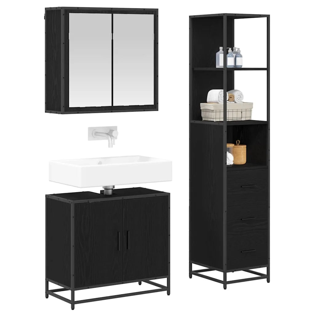 Set di mobili per il bagno 3 pcs Rovere Nero Legno multistrato