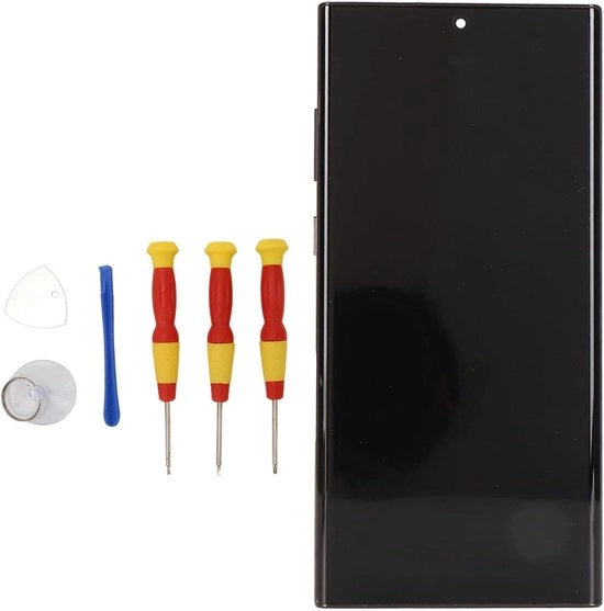 Riparazione schermo per smartphone: touchscreen nero con frame con impronta digitale, display organico, parti di ricambio.