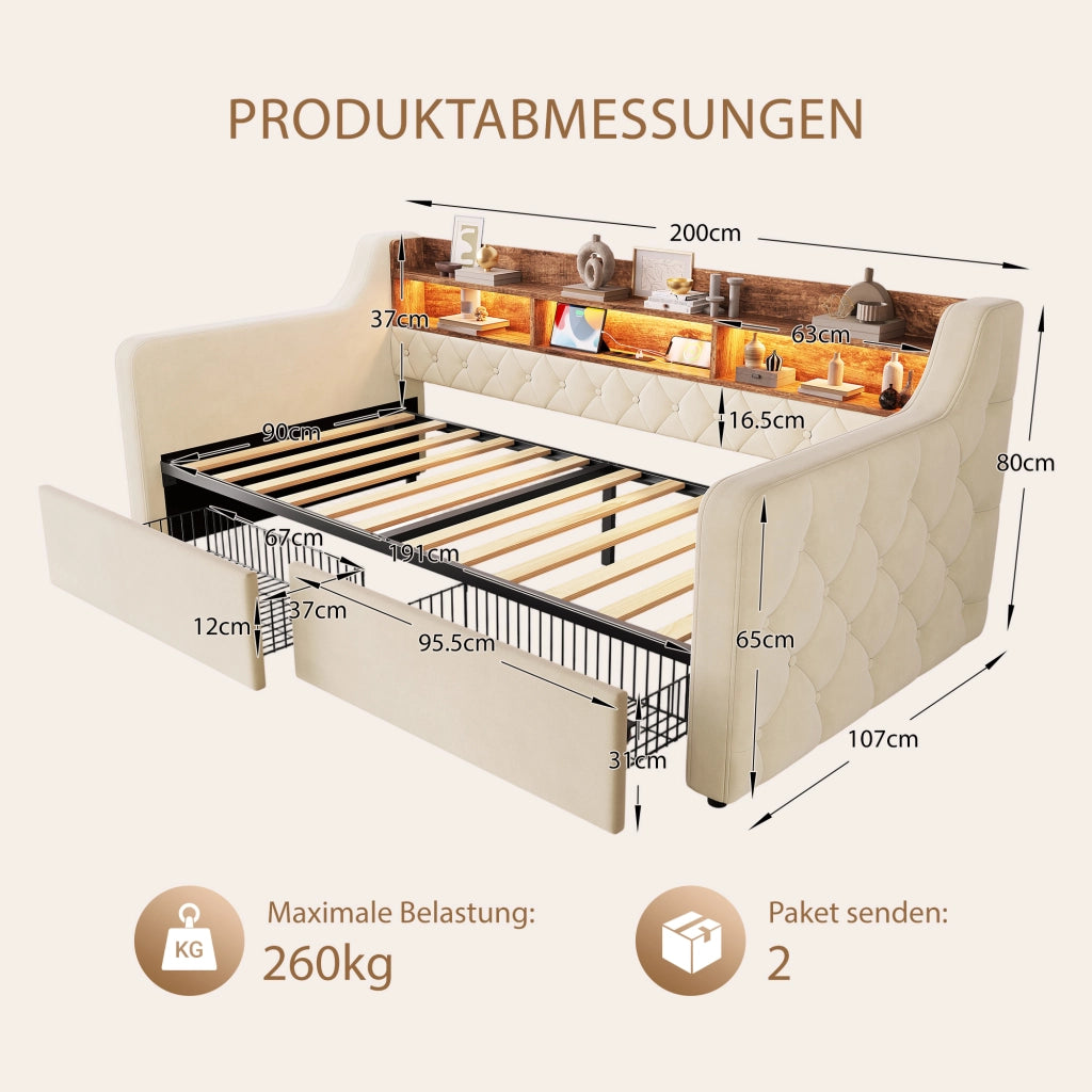 Letto imbottito singolo 90×190 cm con 2 cassetti; LED; USB; Type-C e testiera con ripiani; senza materasso