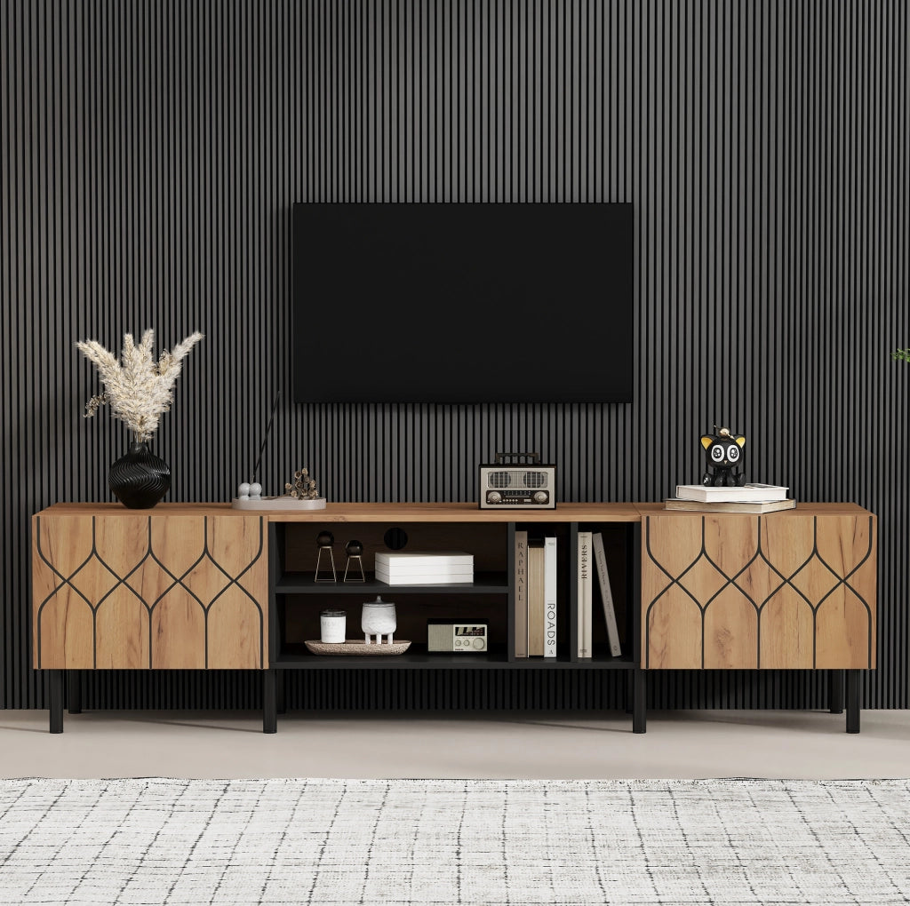 Mobile TV 180x40x50 cm con 2 ante push-to-open e 4 vani, naturale e nero