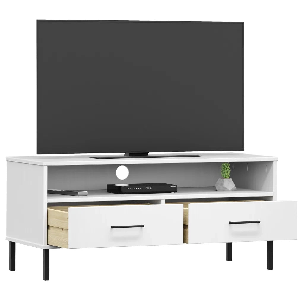 Mobile TV | Armadietto TV | Mobile Porta TV con Gambe Metallo Bianco Legno Massello di Pino OSLO