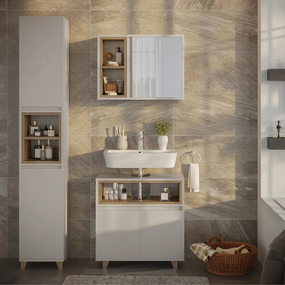 Set di mobili da bagno Elnor, Grigio, 60 cm, composto da mobile sottolavabo, specchiera e colonna alta