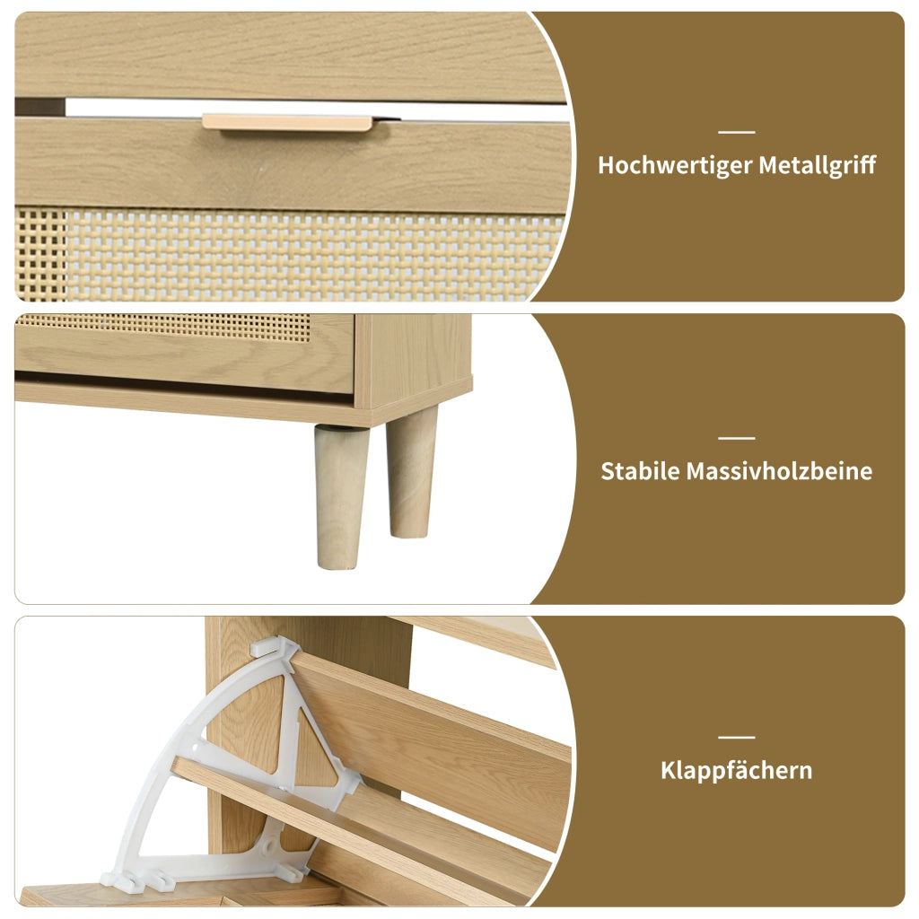 OKWISH Scarpiera con 4 Ante a Ribalta, Ripiani Regolabili, Dettagli in Rattan e Gambe in Legno, per Ingresso, 100×25×90 cm