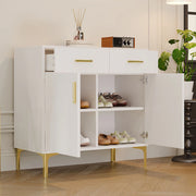 Credenza moderna bianca con 2 ante e 2 cassetti, struttura in MDF, sistema antiribaltamento, 80 x 35 x 79,5 cm