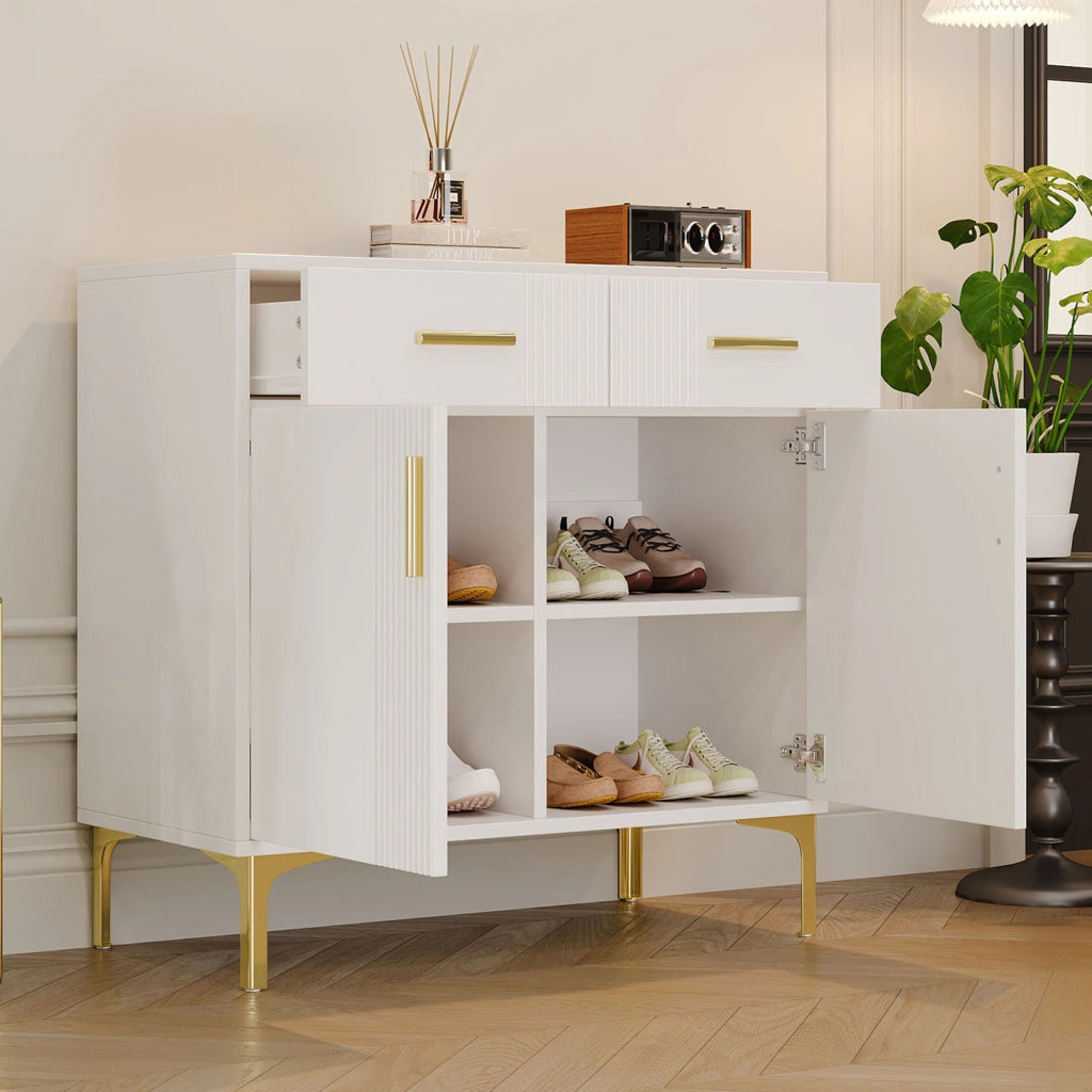 Credenza moderna bianca con 2 ante e 2 cassetti, struttura in MDF, sistema antiribaltamento, 80 x 35 x 79,5 cm