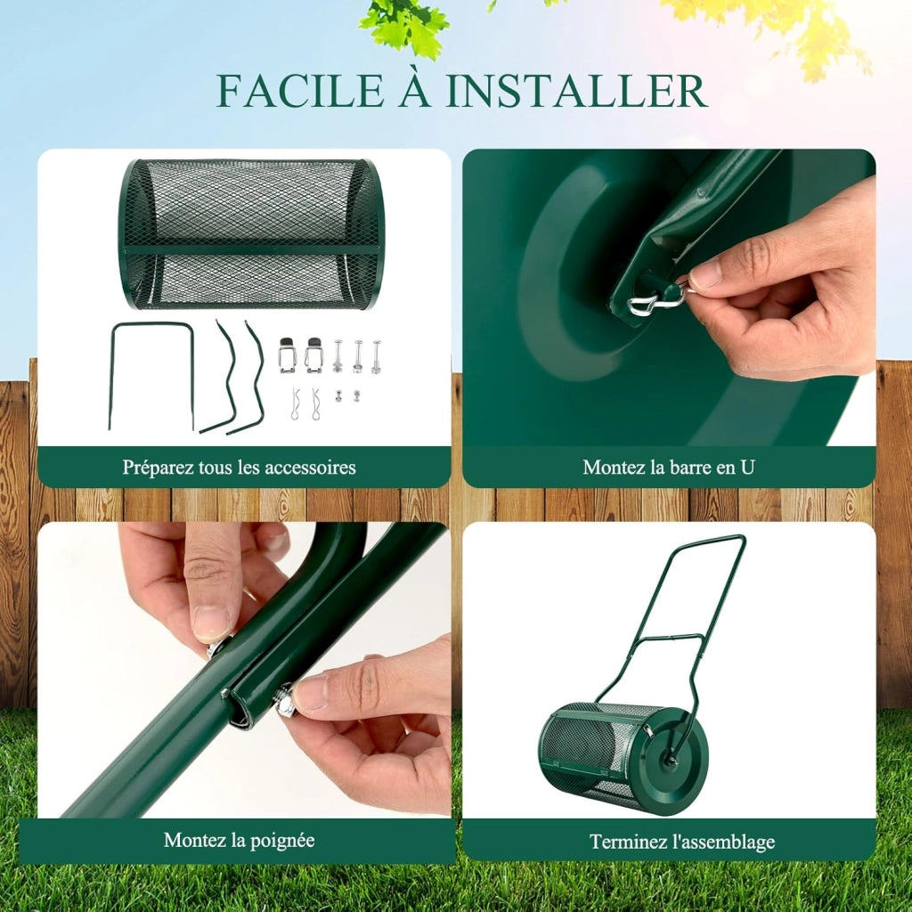 Rullo Spargiconcime Prato da 80L, Spargiconcime a Rullo Ø39 x 68 cm con Manico e Cestello in Rete Metallica, Spargiterriccio da Giardino per Concimazione e Semina (Verde)