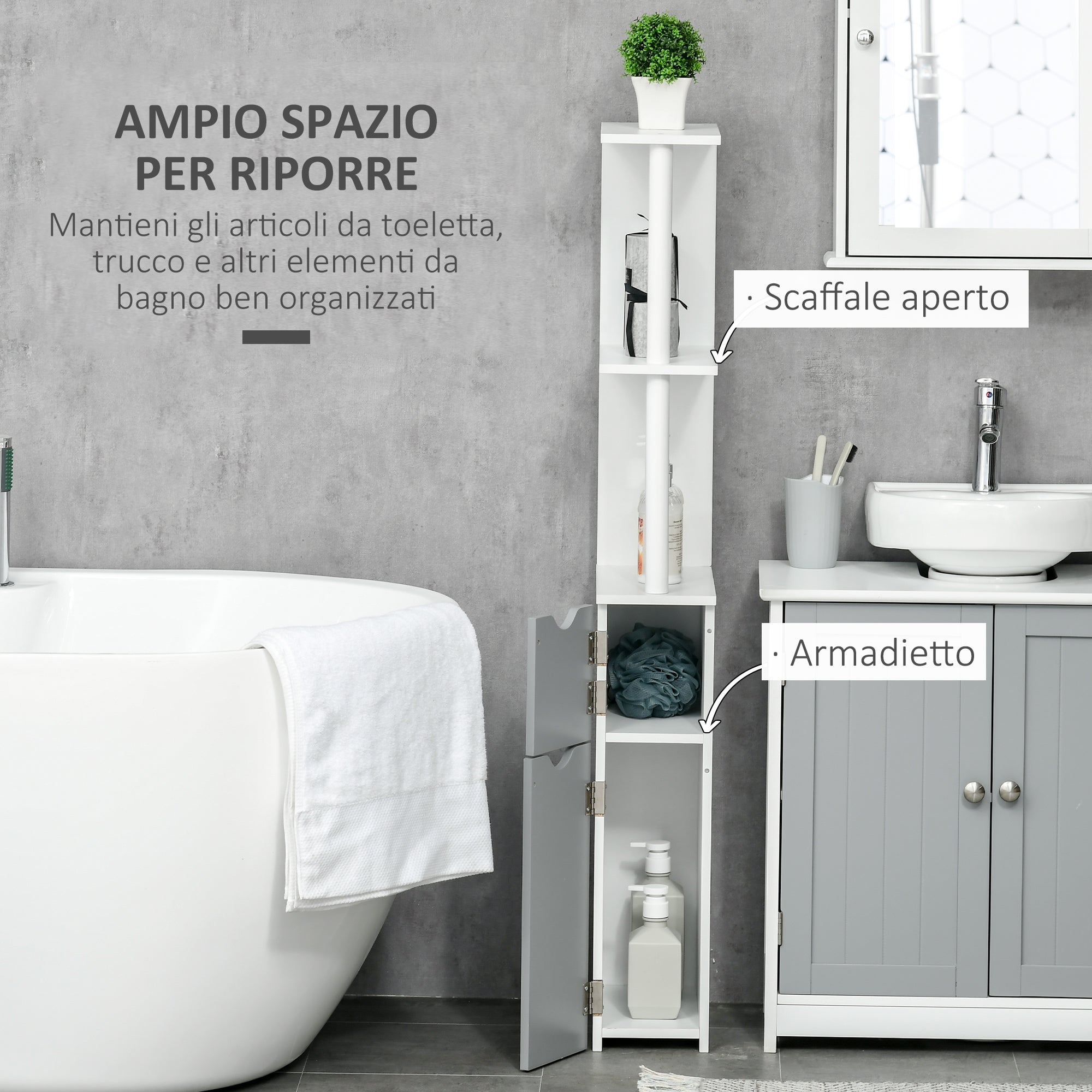Mobile a Colonna da Bagno 15,2x29,8x118 cm in Legno Bianco e Grigio