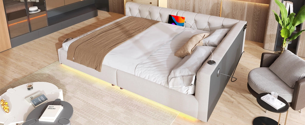 DESMIU Divano letto 140 × 200 cm 1 piazza con USB, Type-C, LED regolabile e senza materasso, in lino beige