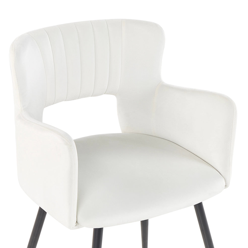 Set di 2 sedie da pranzo velluto crema braccioli schienale intagliato gambe in metallo moderna industriale