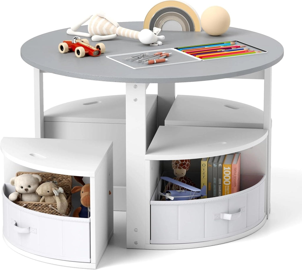 Set Tavolo e Sedie per Bambini a 5 Pezzi, Tavolino Rotondo Salvaspazio con 4 Sgabelli, Ripiano e 4 Cassetti in Tessuto, Set Mobili per Cameretta, Asilo e Disegnare (Rosa)