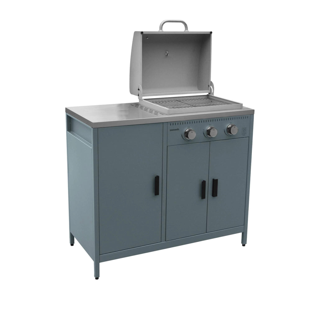 Barbecue a gas 3 bruciatori, 3 ante, 2 spazi di stoccaggio, blu grigio
