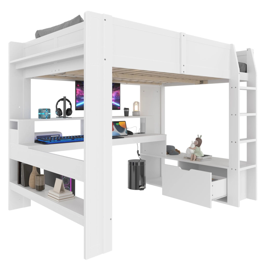 Letto a soppalco 140x200 cm con scrivania, LED e contenitori
