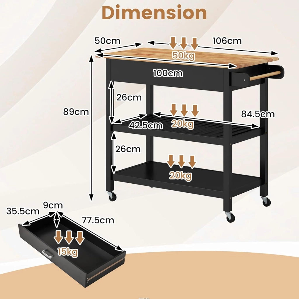 Desserte Cucina, Porta Asciugamani, Piano di Lavoro in Legno di Eva, Carrello con ruote, 1 Cassetto, 2 Ripiani Aperti, Cornice in Legno di Pino, Carrello Cucina per Sala da Pranzo, Nero