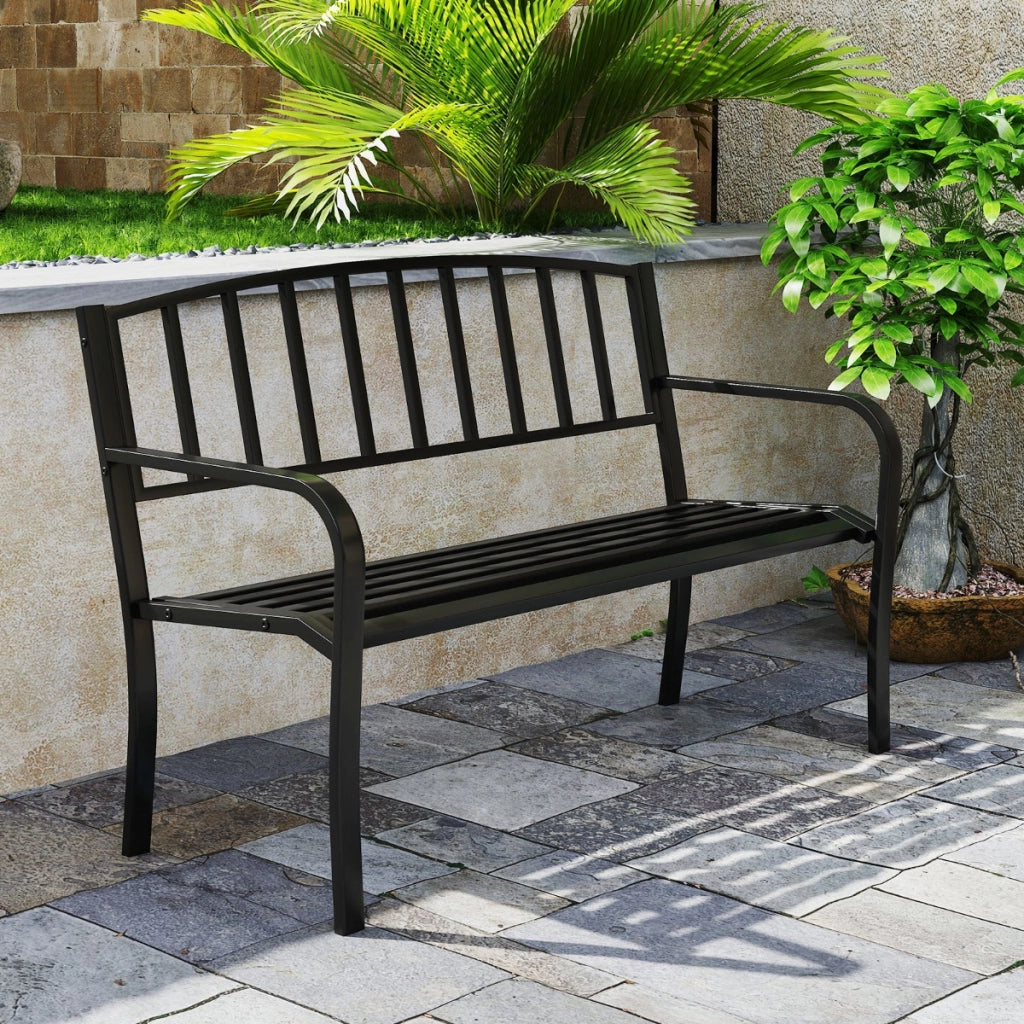 Panca da esterno panca da giardino da 127 cm con schienale a listelli e braccioli curvi, Panca da patio per 2-3 persone Nero-Panchine