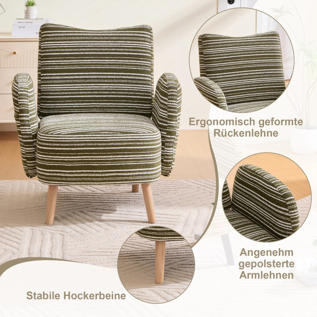 Poltrona da Lettura con Tasca Laterale; Comfort Ergonomico; Gambe in Legno Massello in Bouclé Verde Oliva