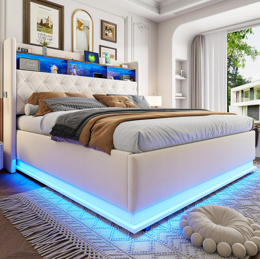 Letto imbottito LED 180x200 cm beige con USB e vano contenitore