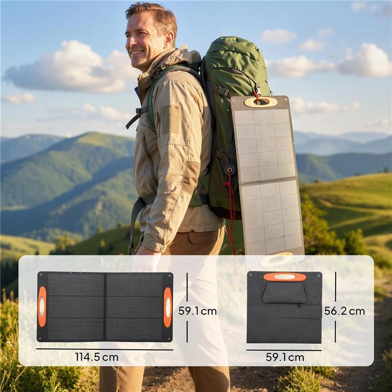 CARICABATTERIA SOLARE 100W PIEGHEVOLE CON ATTACCO USB-A E USB-C PER RICARICA RAPIDA, IP67, NERO