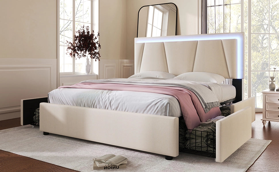 Letto con cassetti 160 × 200 cm con testiera regolabile, LED, 4 cassetti, senza materasso, in legno, beige
