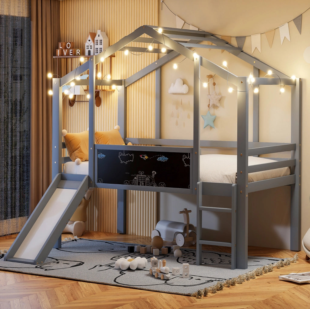 Letto a soppalco per bambini 90x200 cm con scivolo grigio
