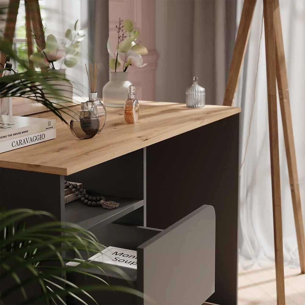 Tavolo da toeletta Karen, Antracite/Artisan, 110 cm con specchio, Materiali robusti per un utilizzo duraturo