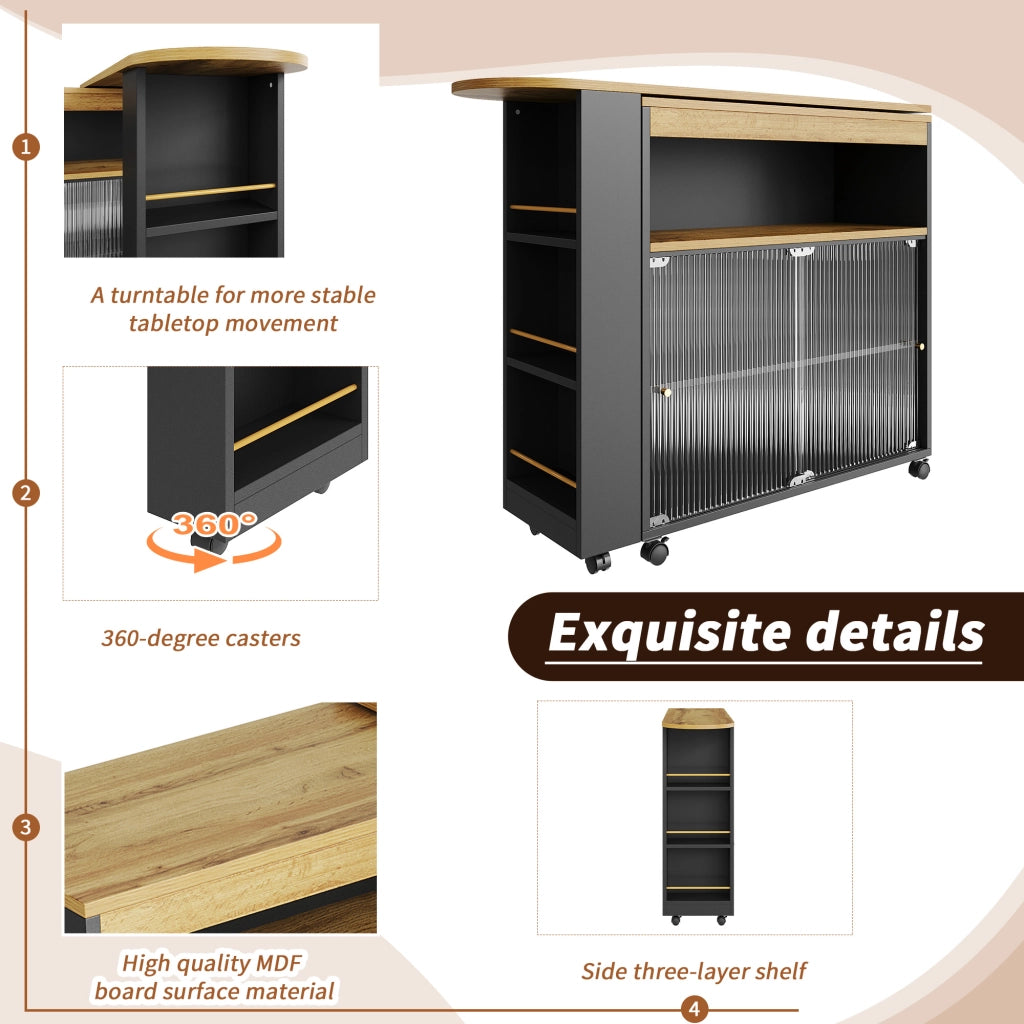 Tavolo Bar Estensibile con 3 Vani e 3 Livelli di Contenimento; LED; Ruote; in MDF; Nero; 138-204x39x105 cm
