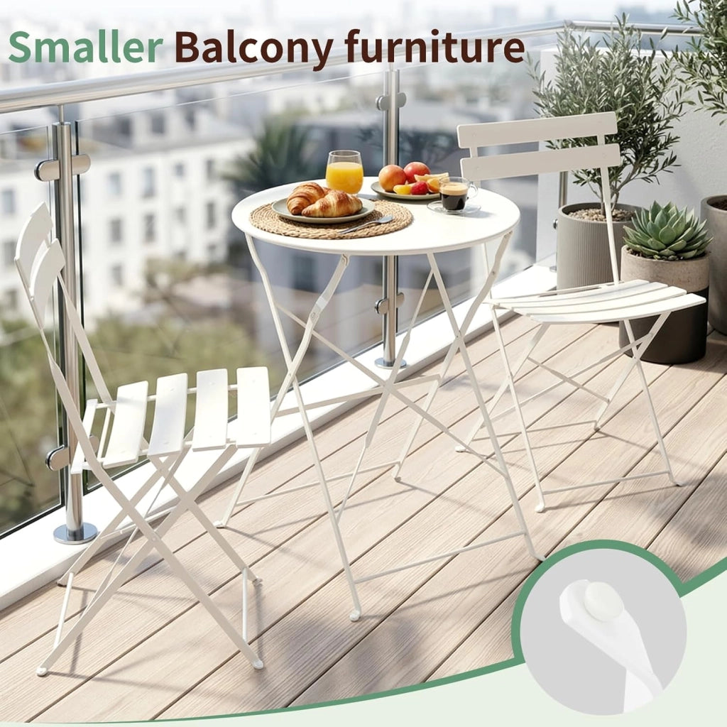 Set da Bistrot Pieghevole 3 Pezzi, Tavolo da Giardino Bistrot in Metallo, 1 Tavolo e 2 Sedie per Piccoli Balconi, Resistente alle Intemperie, per Balcone, Giardino e Terrazzo, Bianco
