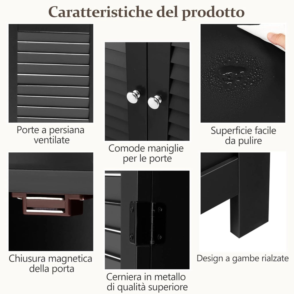 Armadietto da Bagno, Armadietto di Legno con Doppie Ante a Persiana e Mensola Regolabile, Mobile da Bagno Basso Salvaspazio per Ingresso e Camera da Letto, 60 x 30,5 x 80 cm (Nero)