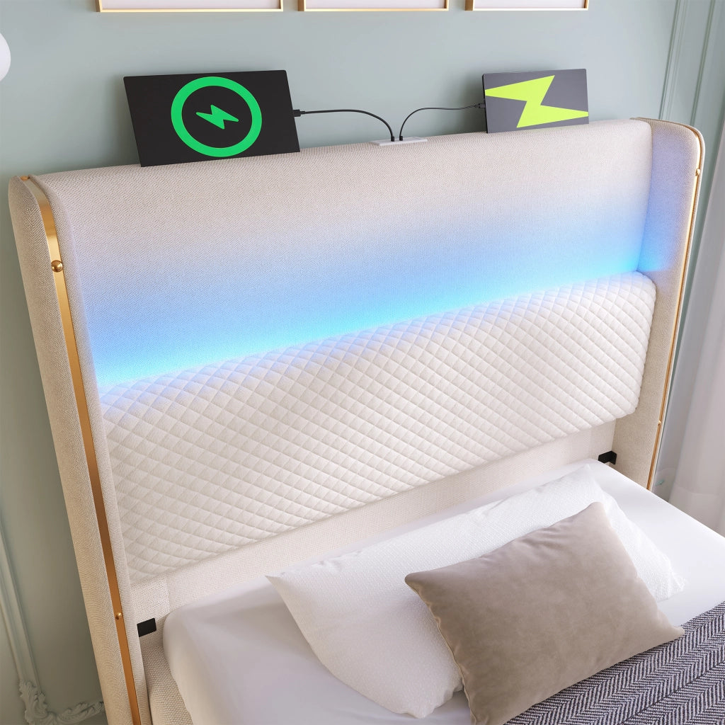 DESMIU Letto singolo 90 × 200 cm con LED, USB e Type-C, vano idraulico, senza materasso, beige