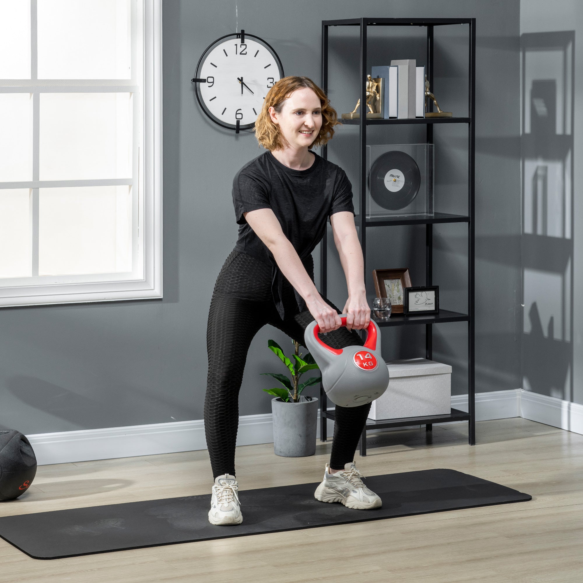 Kettlebell per Allenamento 14 Kg Base Piatta e Impugnatura per Stacchi in PU e Sabbia Rosso