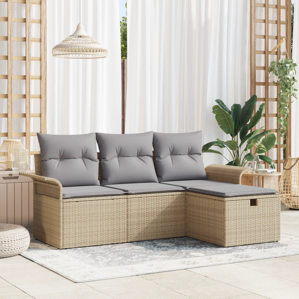 Set Divano da Giardino 4 Pezzi con Cuscini Beige in Polyrattan