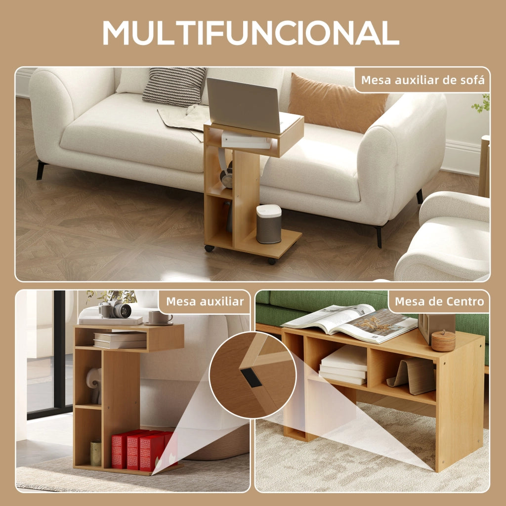Tavolino da salotto con rotelle e ripiani aperti ¨C zephmum ¨C 40x30x69 effetto rovere