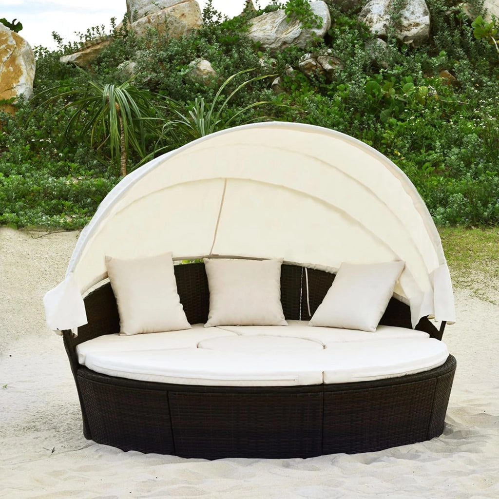 Letto Isola da Giardino, Divano Prendisole con Tettuccio Retrattile, con Sedili Cuscini Impermeabili Sfoderabili, Tavolino Regolabile in Altezza (Beige)