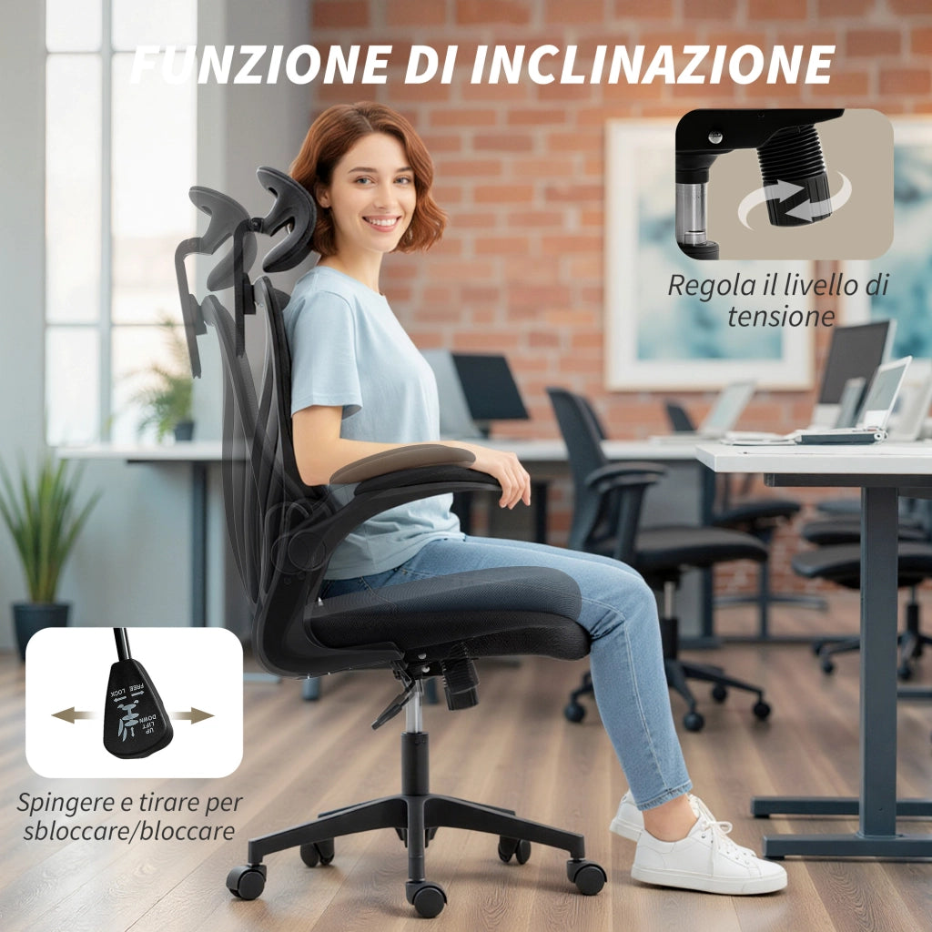 Sedia da Ufficio Ergonomica con Braccioli Ribaltabili Supporto Lombare e Poggiatesta Regolabile Nero