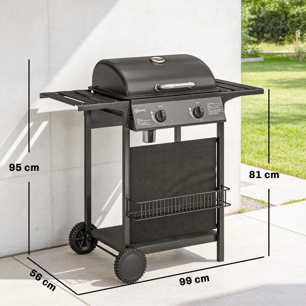 Barbecue Gas, 2 Bruciatori, Tavolini Laterali, Vassoio Raccogli Grassi, Nero.