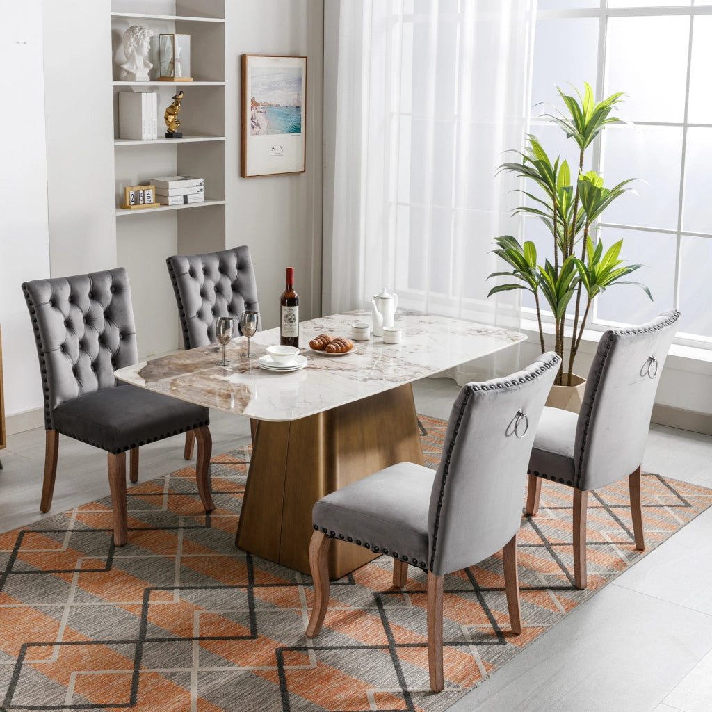 Sedia da pranzo in velluto con schienale ergonomico, anello decorativo e borchie, Grigio 49 × 63 × 95 cm