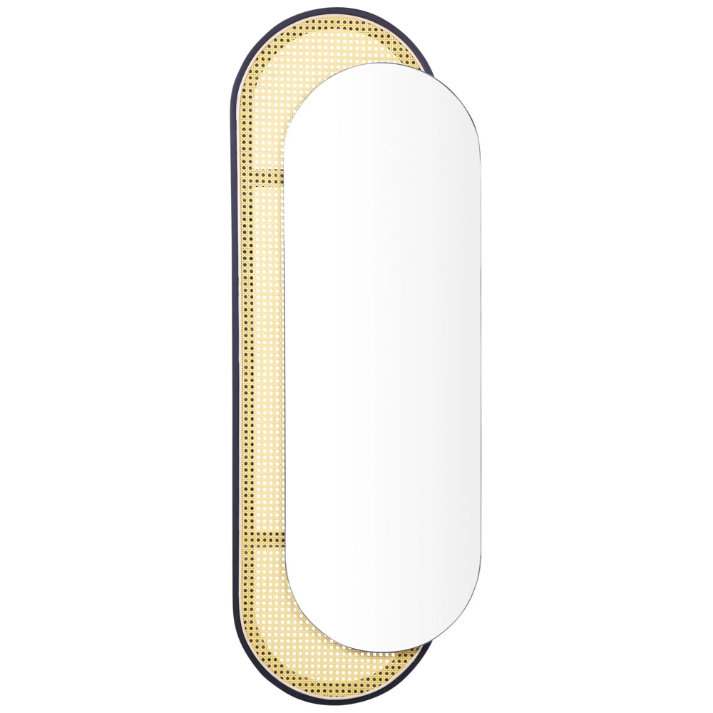 Specchio da parete di forma ovale con cornice in rattan e metallo nero 51 x 143 cm soggiorno camera da letto