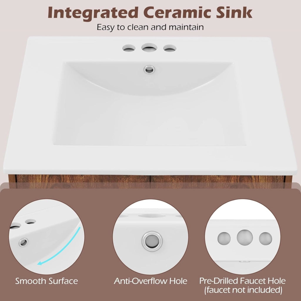 Mobile lavabo con lavello in ceramica, armadietto da bagno con 2 ante e ripiano, 61 x 46,5 x 87 cm, mobiletto per bagno