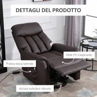 Poltrona Elettrica Alzapersone Reclinabile 145°, Poltrona Relax Elettrica in Pelle PU con Telecomando, Tasche Laterali e Poggiapiedi Integrato, Marrone