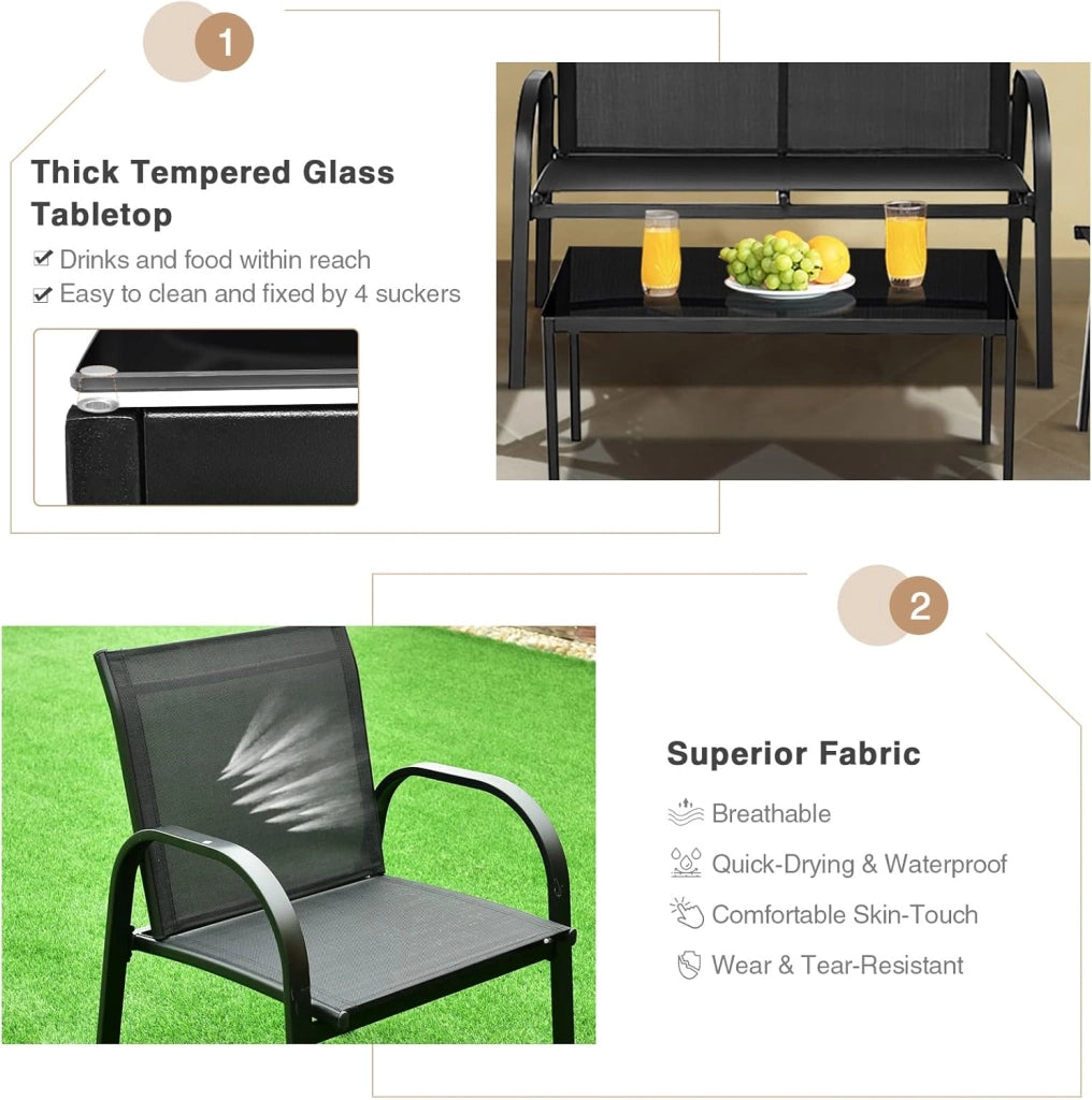 Set di 4 mobili da giardino con tavolino da salotto e panca da giardino e 2 sedie da pranzo, in textilene, set da 4 persone, mobili da giardino (Nero)