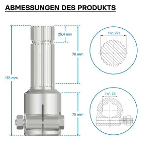 Boccola albero cardanico 175 mm Attacco albero scanalato 1 3/4" 6D Albero uscita 1 3/8" 21D Trattore