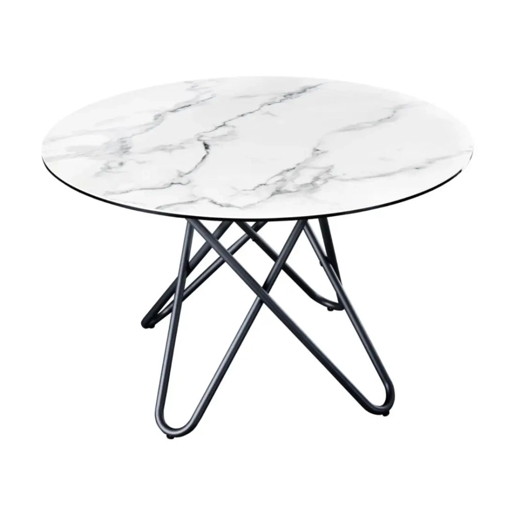 Tavolo da pranzo BAUMA 120 cm – Piano rotondo in ceramica effetto marmo bianco e gambe in metallo – Stile moderno chic