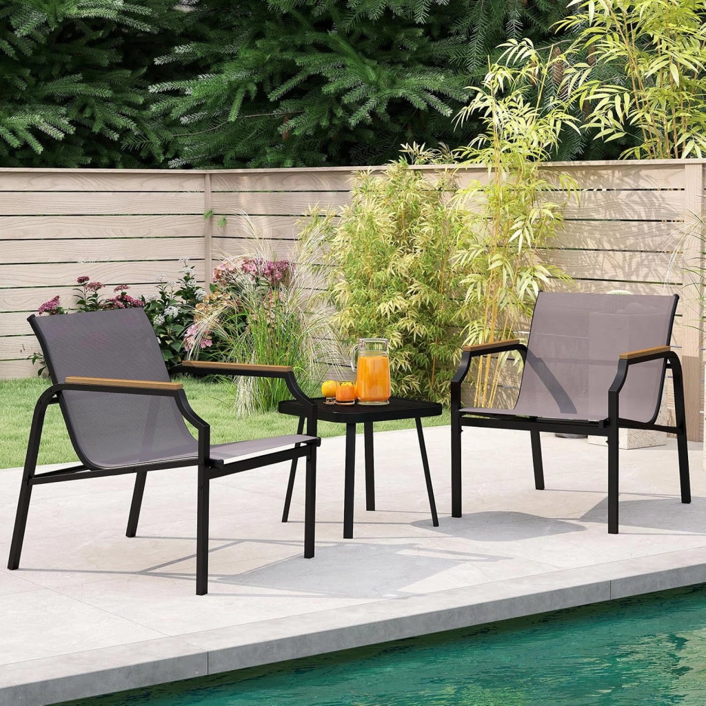 Set da Giardino a 3 Pezzi, Set Mobile da Esterno con Talaio in Metallo, Poltrona e Tavolino Quadrato, Set da Bistro con 2 Poltrone, per Giardino Cortile Piscina